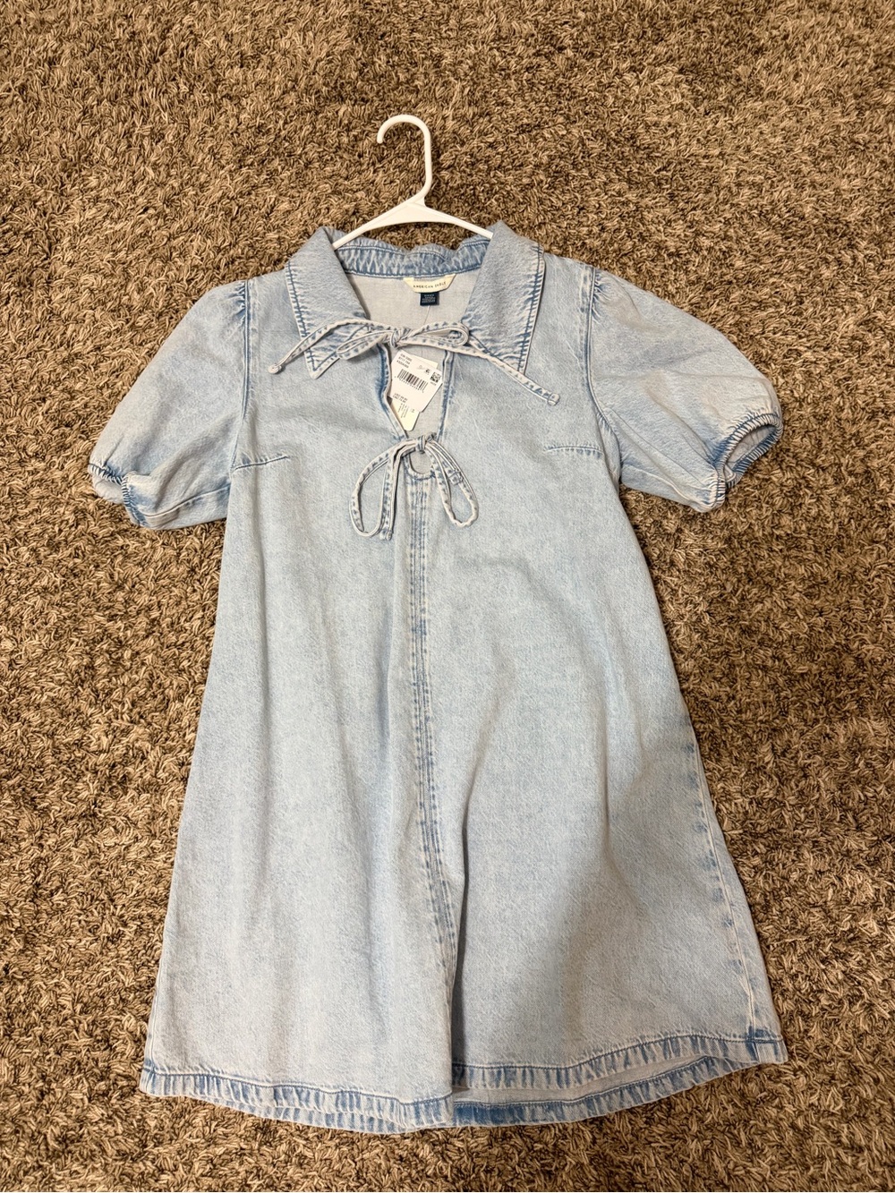 American Eagle Outfitters Light Blue Denim Tie-Neck Puff Sleeve Dress